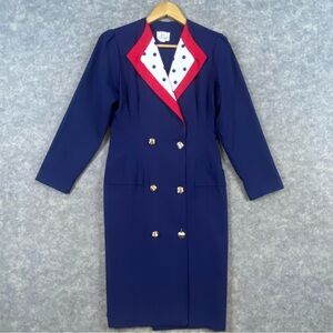 In‎ Cinq 1980s Pencil Dress Size 6 Blue Red Polka Dot Double Breasted Vintage